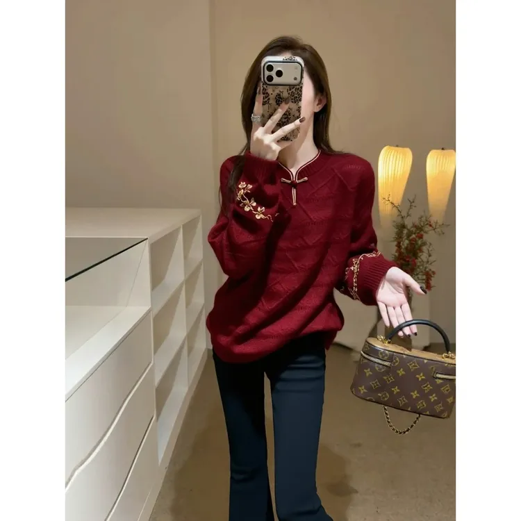 新中式国风毛衣女秋冬2025新款高端时髦洋气巨好看内搭印花针织衫