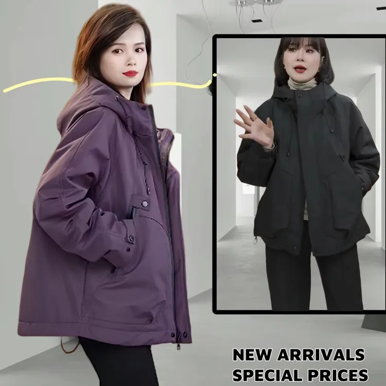休闲短外套设计感连帽冲锋衣女款2025秋冬季大码显瘦百搭宽松风衣