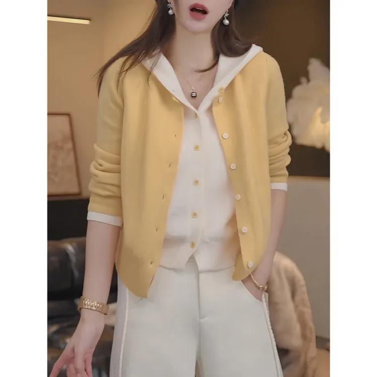 时髦撞色假两件毛衣连帽针织衫女冬季洋气休闲上衣外套A-02