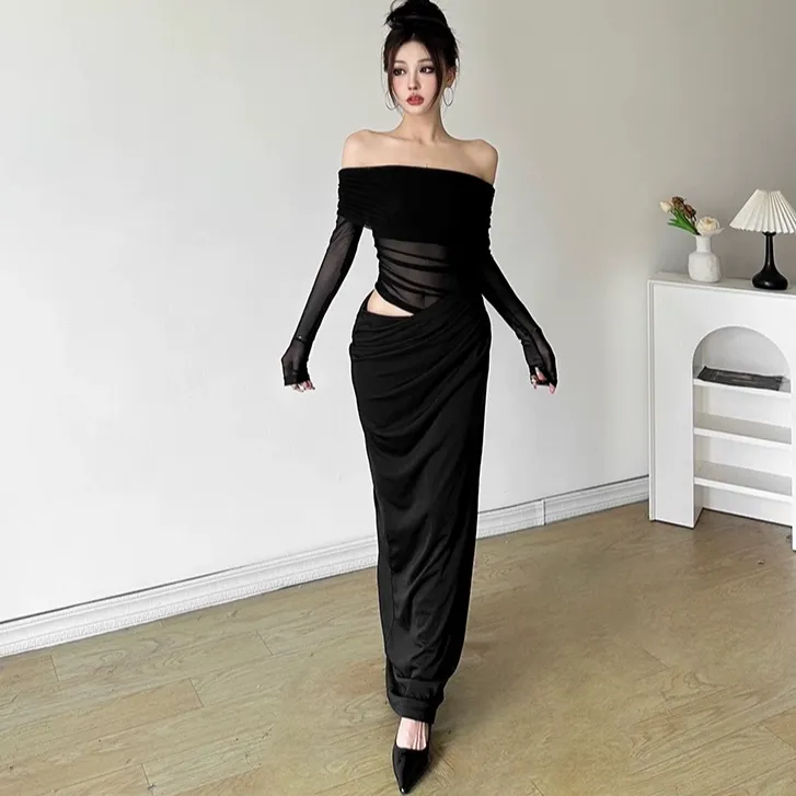 辣妹风黑色红色网纱拼接镂空收腰露腰显瘦一字肩连衣裙