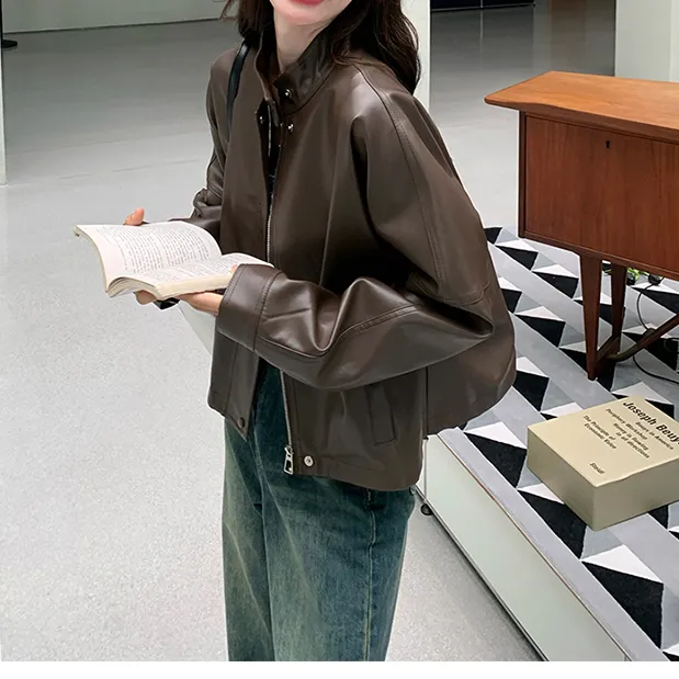 美拉德咖色小皮衣外套女2025春秋新款高级感炸街小个子机车服夹克