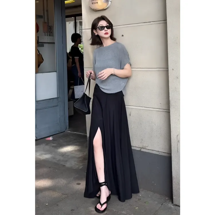 MARIE.COCO韩系时尚御姐范穿搭灰色短袖上衣不规则开叉半身裙套装