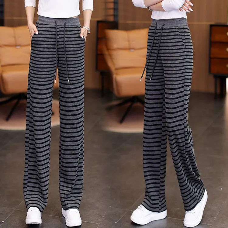 春秋冬新款条纹窄版阔腿裤女休闲高腰宽松百搭慵懒风针织直筒裤