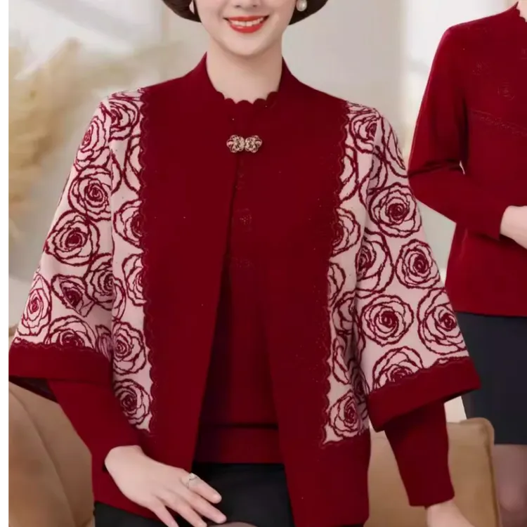 中老年奶奶装针织开衫两件套2025秋季新款妈装加厚新中式毛衣套装