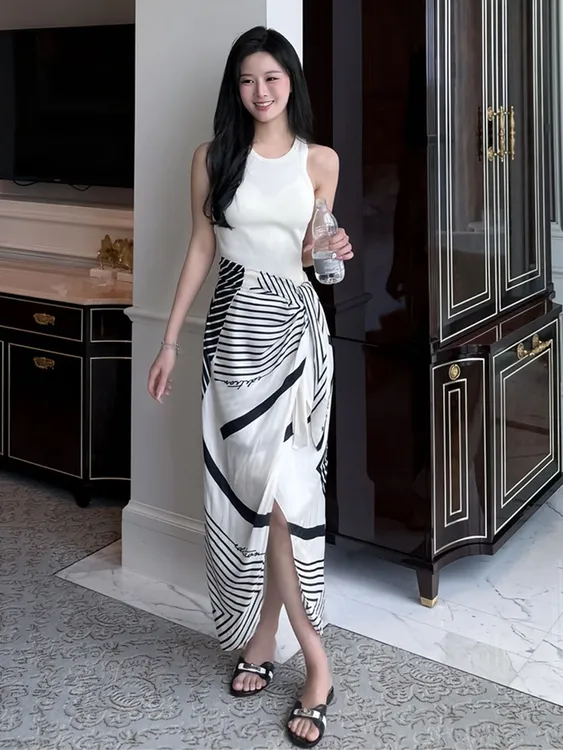 2025超火减龄梨型身材遮胯修身显瘦印花长裙白色背心一整套装女夏