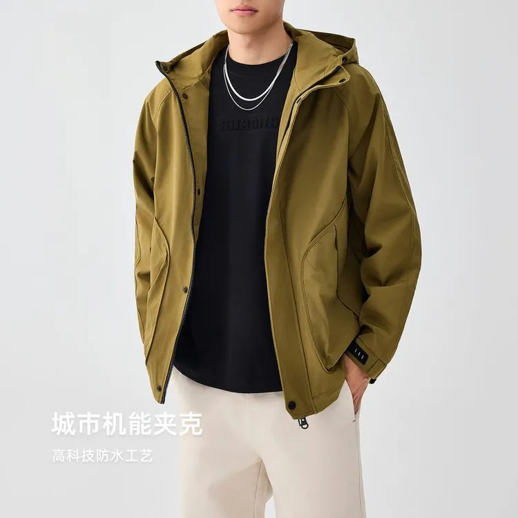 2025新款户外特氟龙防水夹克男连帽高领男士外套休闲潮流运动上衣