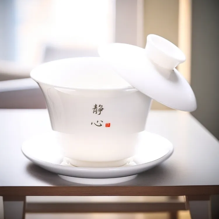 三商羊脂玉瓷盖碗马蹄盖碗陶瓷悬停盖碗功夫茶具泡茶杯德化白瓷