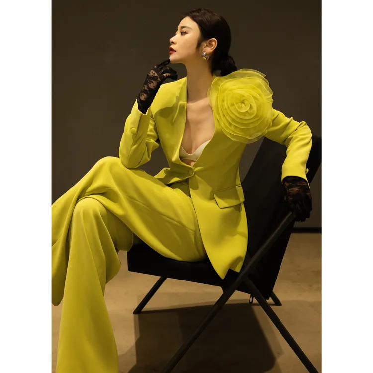 ZEROYK洋气减龄名媛西装套装女2025春高级感牡丹花西服长裤两件套