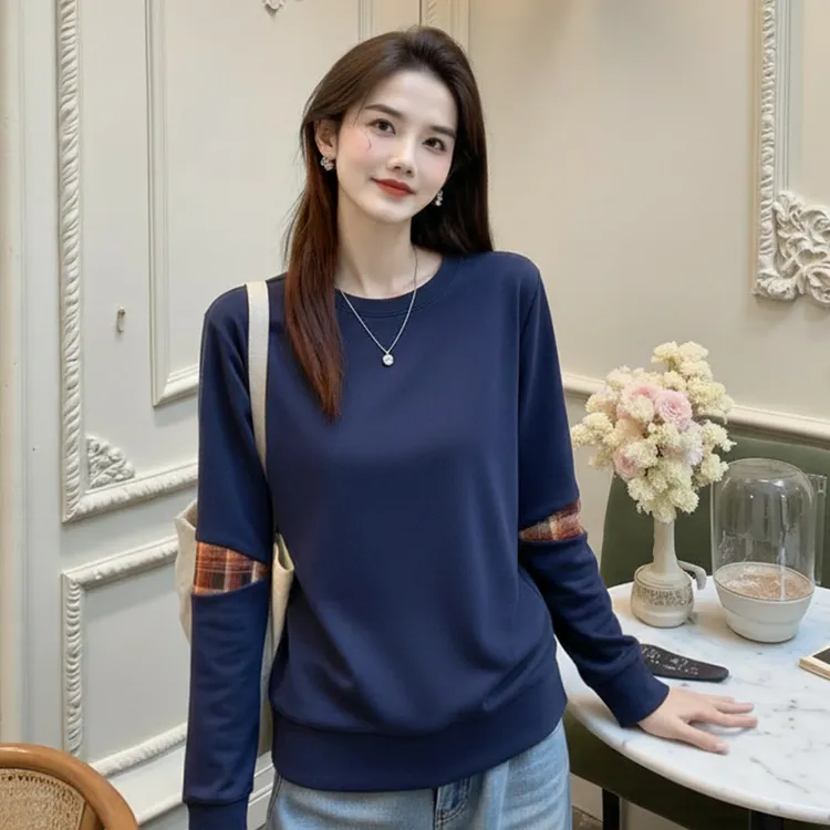 【格子拼接】袖子拼接设计感正肩卫衣打底单穿卫衣宽松长袖时尚