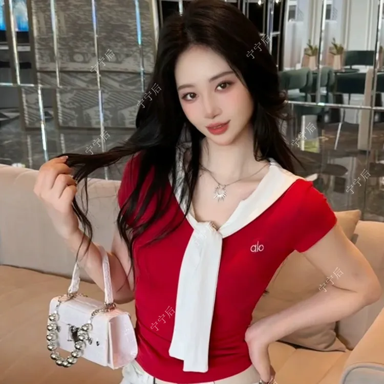 撞色V领海军风假两件拼接披肩短袖T恤女收腰显瘦上衣