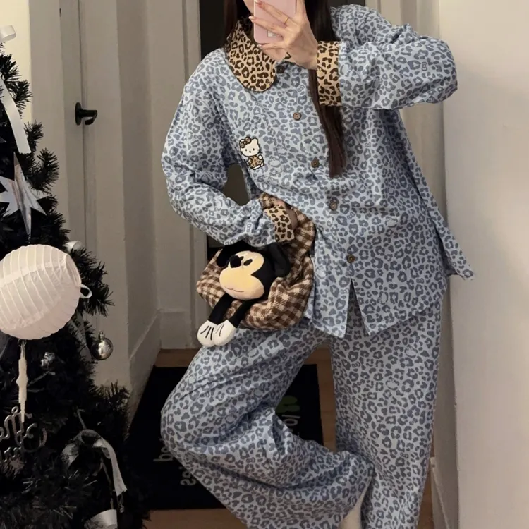 秋季新款睡衣女纯棉长袖豹纹卡通hellokitty日系家居服春秋套装