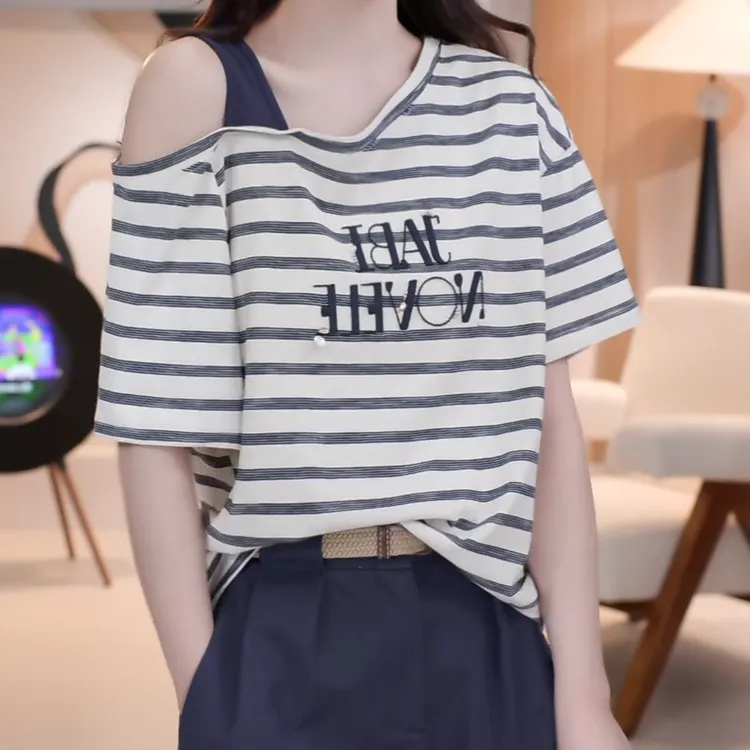 时尚纯欲宽松珠子字母刺绣条纹露肩T恤女2025夏季新款宽松上衣