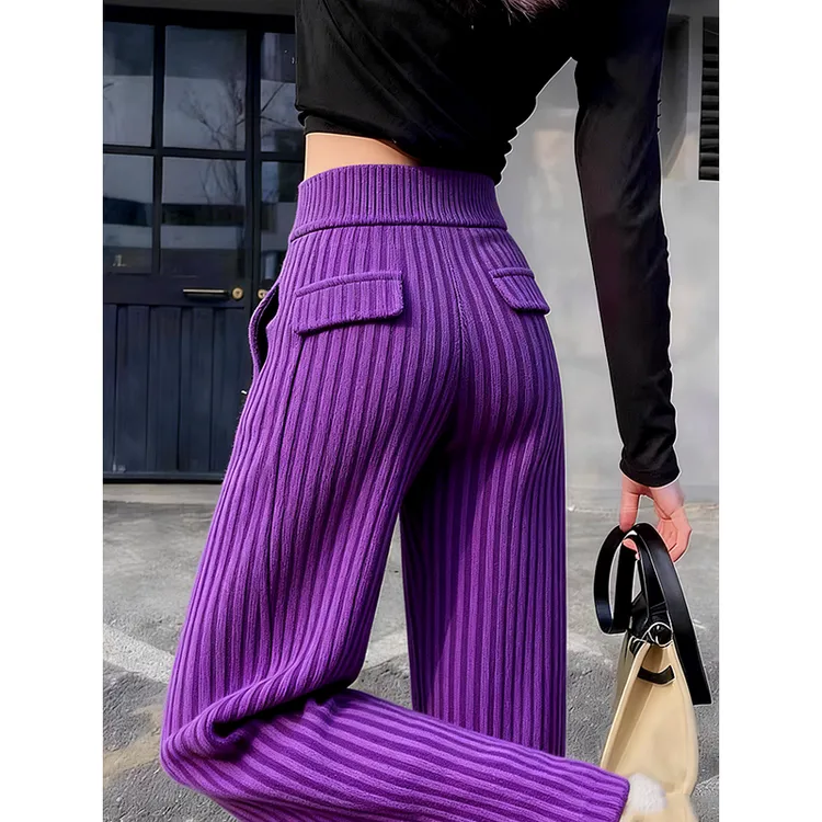 2026年秋冬新款百搭显瘦小众裤子潮流韩版减龄紫色针织长裤子女装