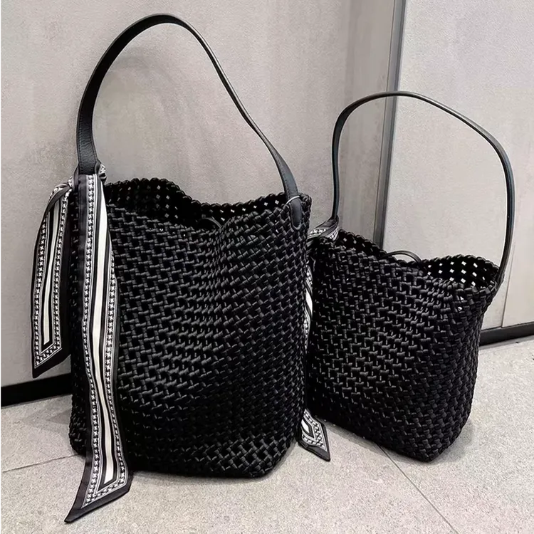 2025新款高质感镂空黑色编织单肩包大容量托特包日常通勤手提包