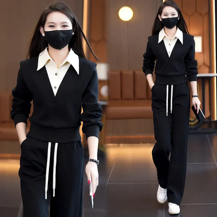 假两件卫衣休闲裤套装女2025年春季新款洋气减龄休闲运动服两件套