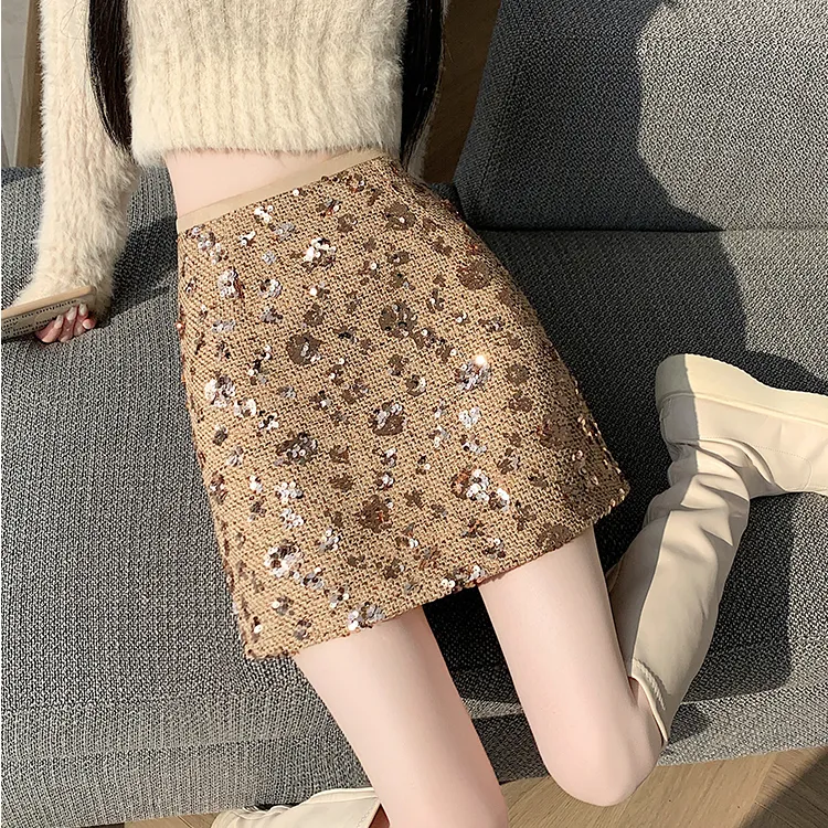 新年穿搭金色小香风亮片半身裙冬季新款气质高腰包臀裙a字短裙潮