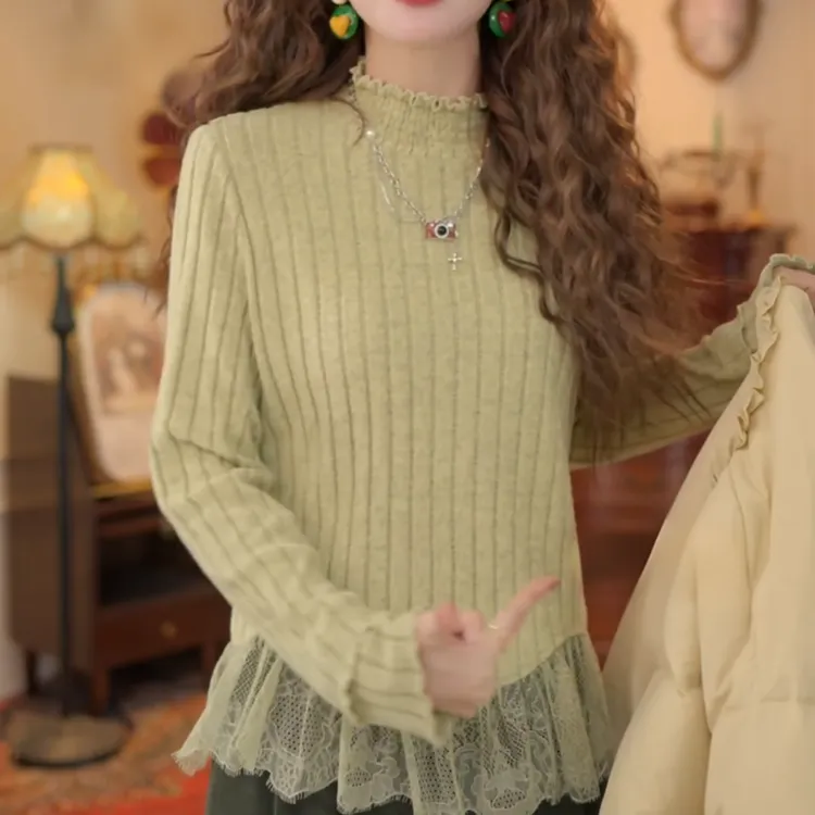 【翠微生烟​】2025秋冬港风复古蕾丝针织休闲显瘦宽松上衣LK2508095