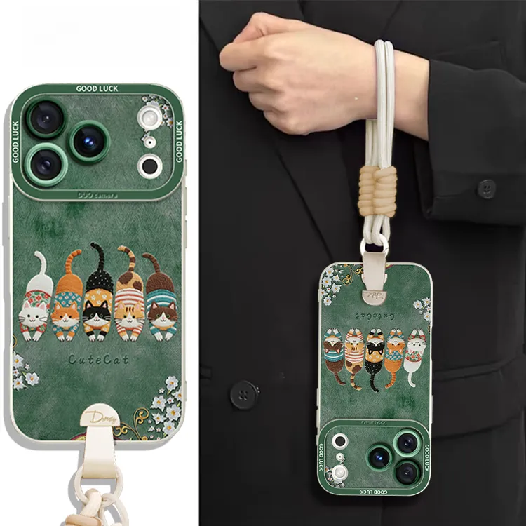 复古刺绣排排猫适用苹果17手机壳新款16ProMax卡通简约15防摔外壳