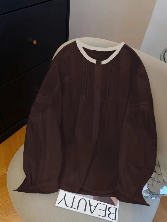 {运补5}高级感褶皱设计撞色长袖衬衫女2025早秋宽松显瘦洋气减龄