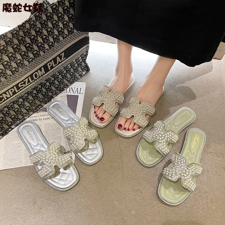 珍珠拖鞋女夏厚底时尚2024年新款女百搭仙气软底一字网红凉拖外穿