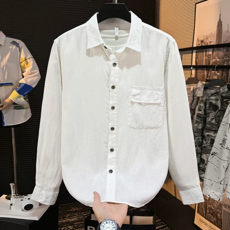休闲风纯色衬衫秋季新款亚麻复古长袖衬衫翻领百搭宽松外套衬衣潮