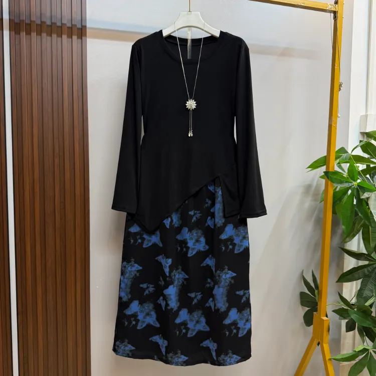 新款大码女装时尚洋气不规则下摆上衣半身裙两件套套装