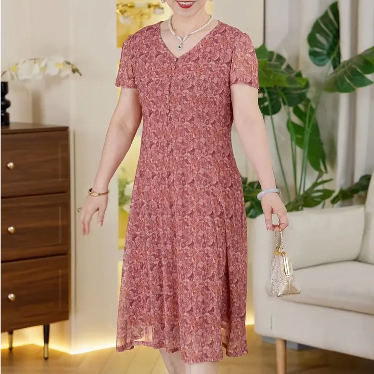2025夏季新款弹力中年女装连衣裙女时尚气质妈妈洋气减龄网纱显瘦