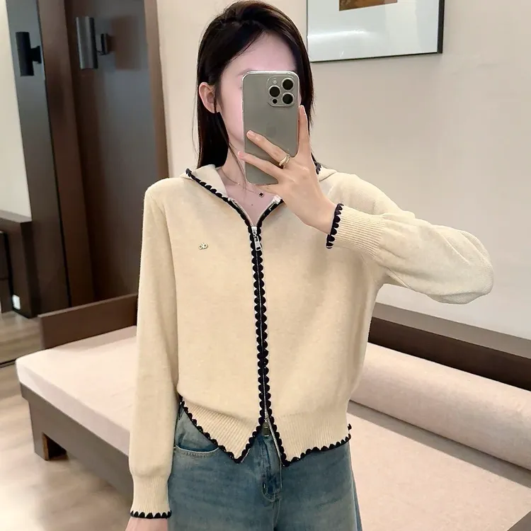 新早秋毛针织衫女小香风时尚秋季连帽拉链小众设计款毛衣韩系减龄