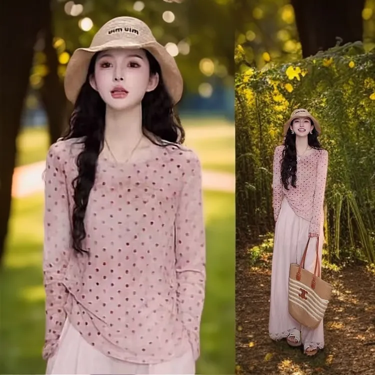 粉黛星霜夏季五一百搭波点植绒波点长袖防晒凉感穿搭高级入夏穿搭