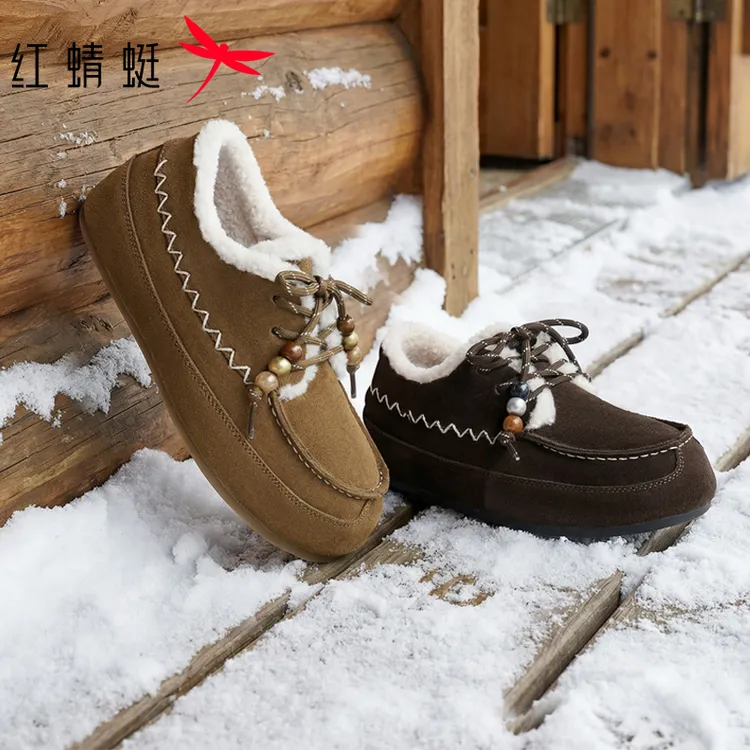 红蜻蜓2525秋冬新款百搭保暖雪地靴甜美复古加厚乐福鞋时尚休闲鞋