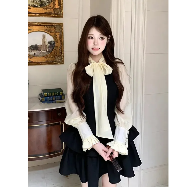 【中古黑巧】早秋蝴蝶结长袖衬衫设计感显瘦连衣裙两件套套装女