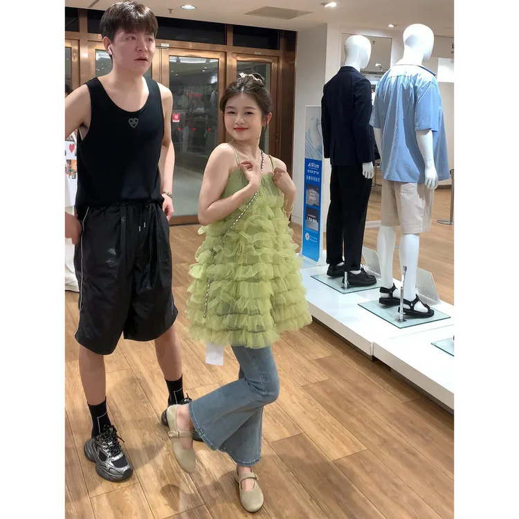 2025夏季新款甜美风网纱蓬蓬蛋糕吊带上衣裙搭高腰显瘦长裤套装女