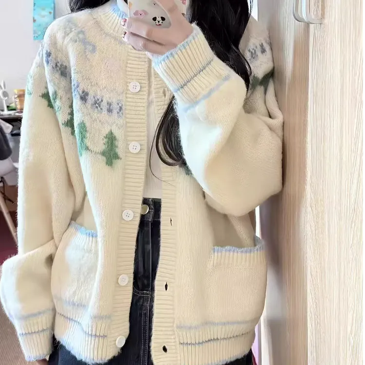 开衫针织外套女秋冬2025新款宽松美式复古设计感慵懒风费尔岛毛衣