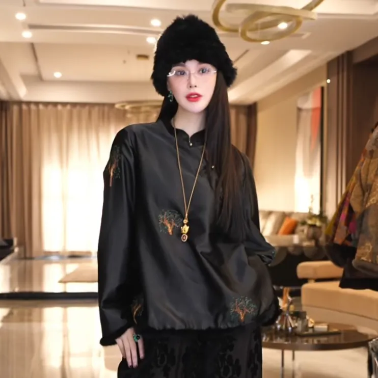 飞儿【山林庭上衣】2025早秋新款水貂毛拼接衬衫上衣