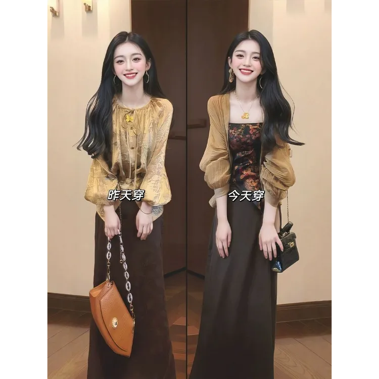 新中式女装开衫吊带半身裙套装大码改良旗袍裙独特漂亮国风连衣裙