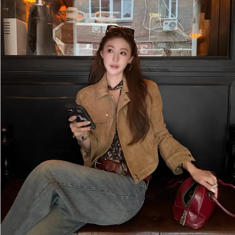 复古麂皮绒短款皮衣外套女秋季2025年新款气质高级感翻领夹克上衣