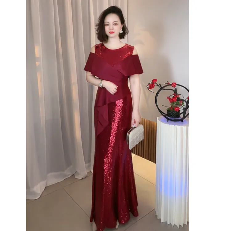 轻奢礼服纯色短袖晚礼服宴会气质酒红色长款遮肚子鱼尾裙连衣裙