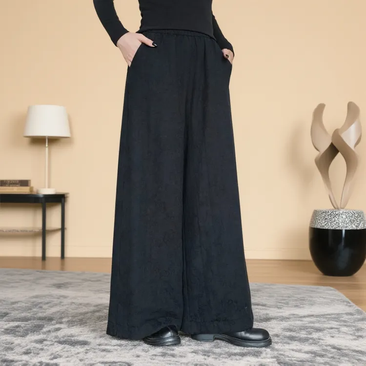 新款亚麻棉裤提花时尚百搭松紧腰设计师款休闲宽松冬季阔腿裤