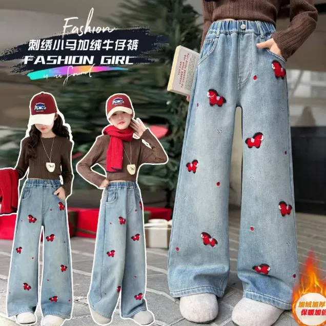 【年款】女童刺绣小马加绒牛仔直筒裤休闲阔腿裤（无装饰）12062
