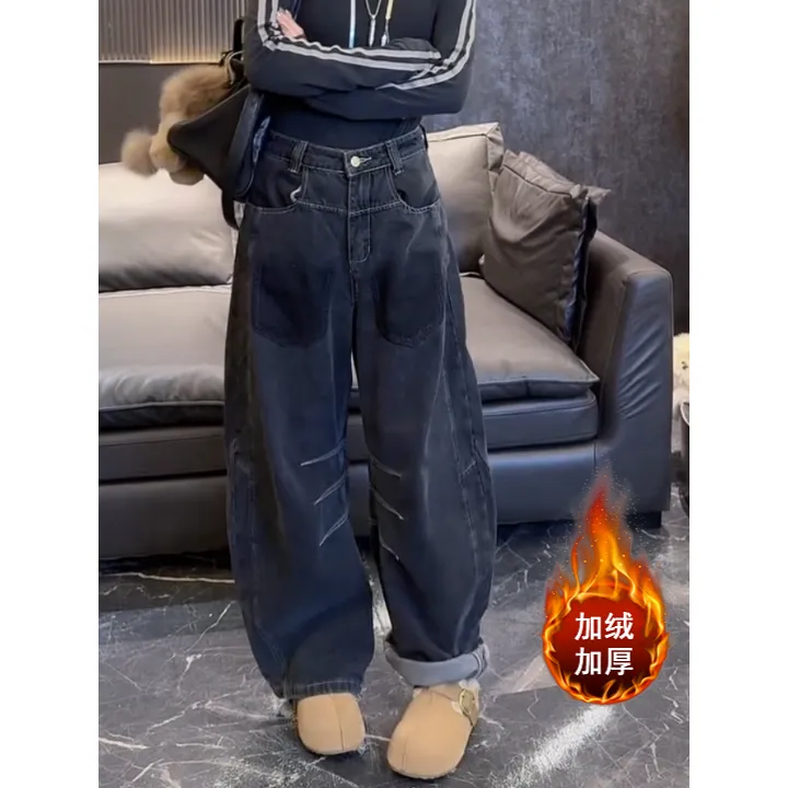 秋冬新款个性明线拼接牛仔裤大码女装高腰宽松显瘦洋气加绒阔腿裤