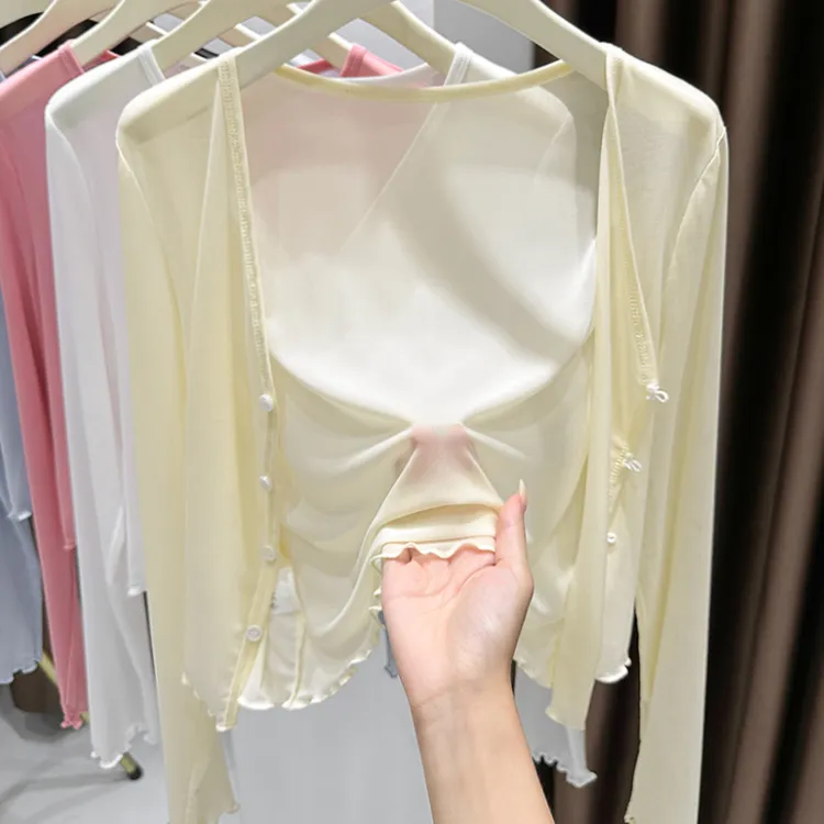 杏色冰丝网纱防晒开衫外套夏季新款搭吊带裙镂空披肩软糯百搭小衫