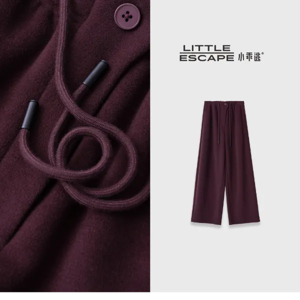 小乖逃休闲时尚酒红色长裤绒感腰绳红色扣子百搭款休闲裤S25641