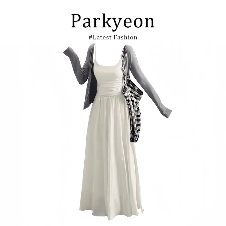 parkyeon法式温柔风穿搭长袖针织开衫女秋季吊带连衣裙显瘦两件套