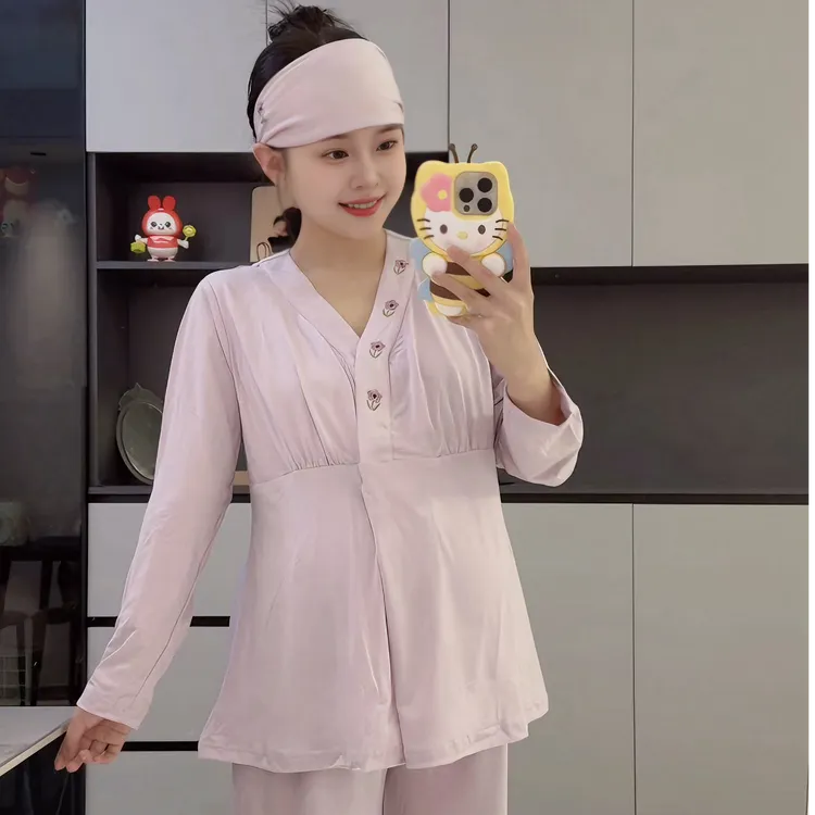 7A级抗菌四季款纯棉孕妇月子服喂奶家居服带胸垫送发带哺乳睡衣