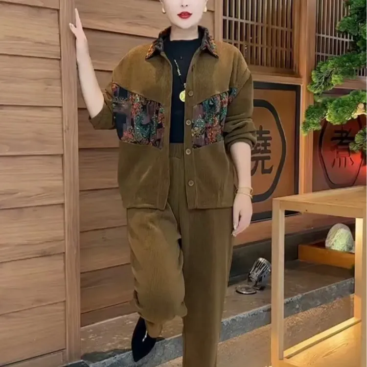 复古国风设计时尚套装女2025秋季新款气质妈妈翻领外套休闲裤套装