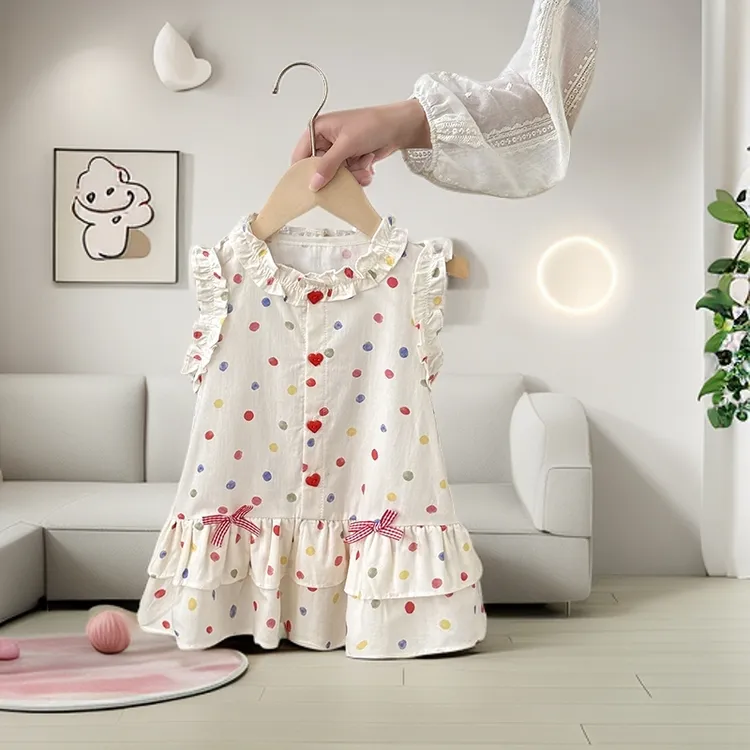 女童夏季无袖连衣裙薄款彩点花边领连衣裙女童无袖小清新甜美