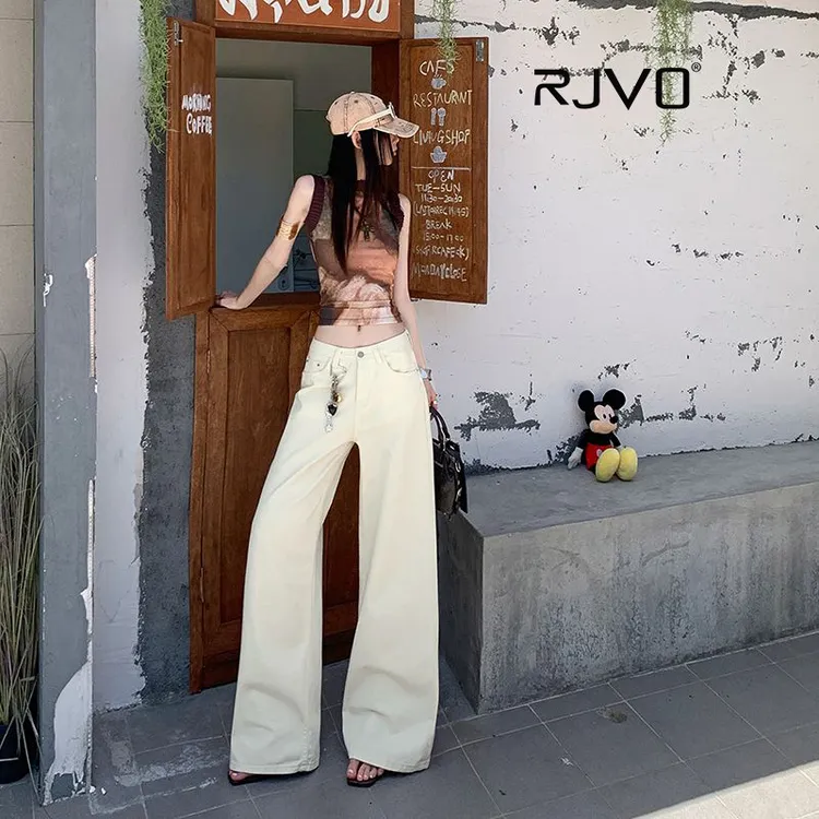 RJVO杏色百搭宽松阔腿牛仔裤女高腰显瘦拖地直筒裤