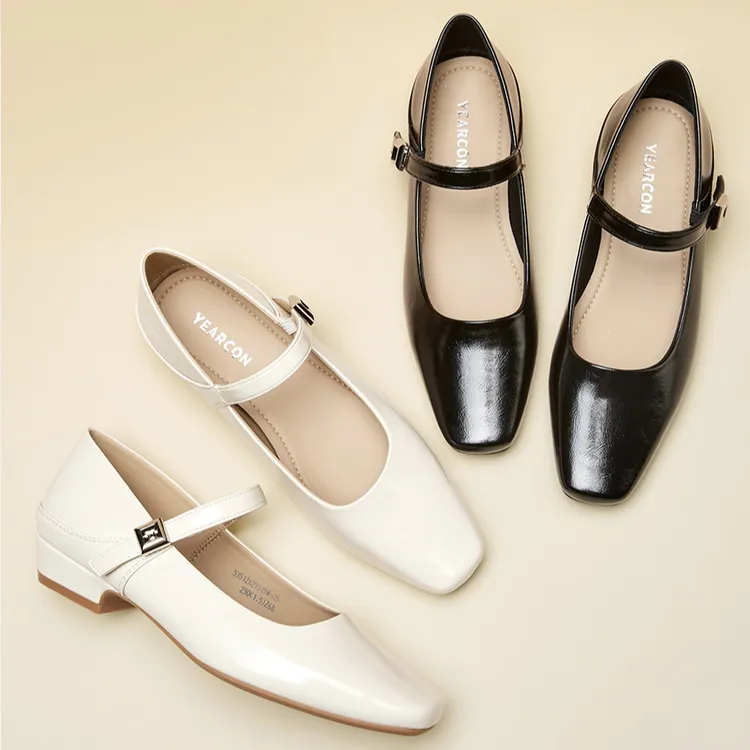 意尔康法式时尚女鞋平底软皮妈妈鞋一字扣方头浅口气质复古玛丽珍