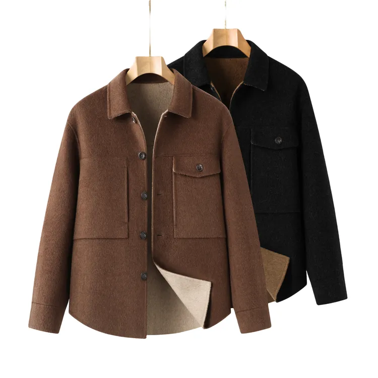 时尚翻领百搭双面秋冬男士大码修身短款休闲男毛呢大衣韩版宽松TY