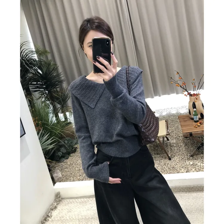 韩系复古俏皮2025时尚气质显瘦翻领毛衣百搭针织慵懒气质女H9-44